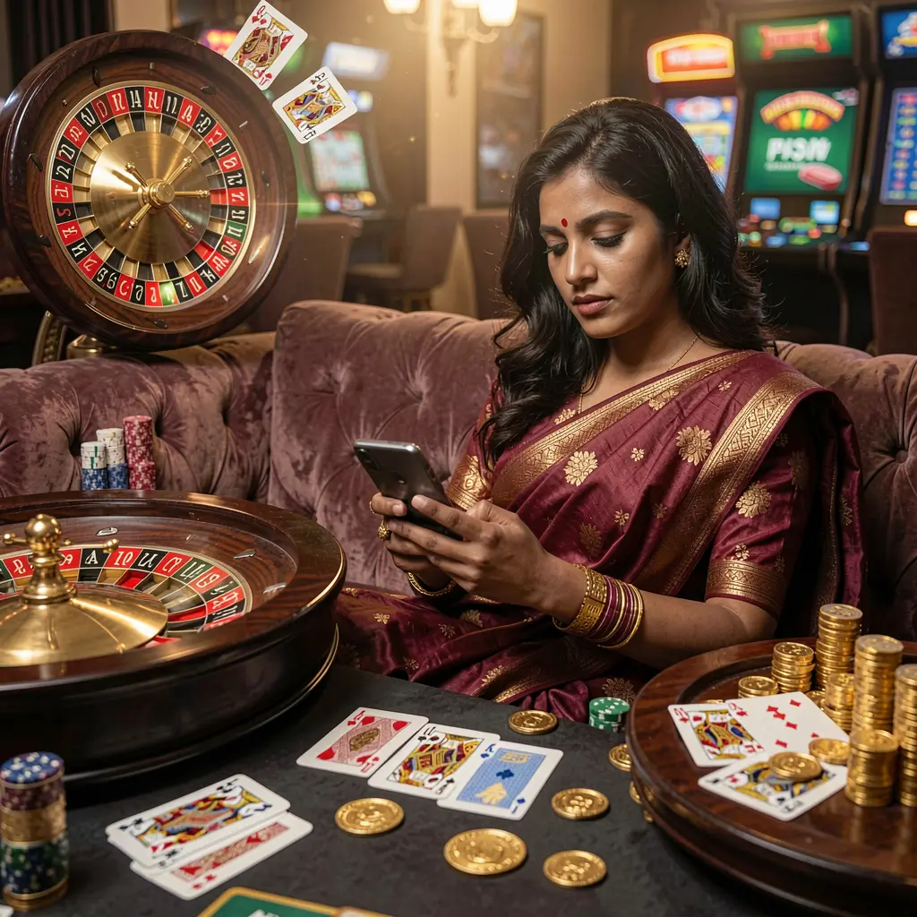 Bangladeshi woman relaxing on a sofa while using the 9Z999 casino app with floating gold coins roulette wheel and playing cards