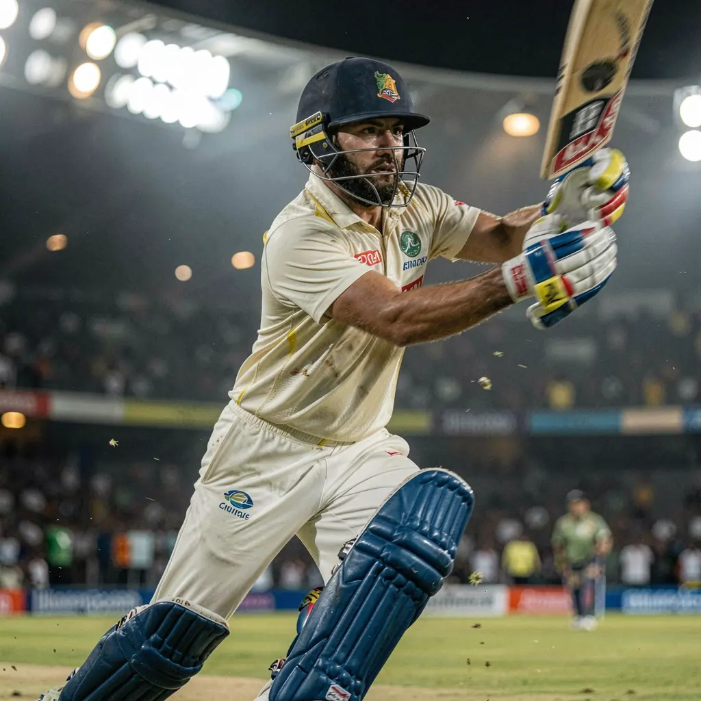 Dynamic moment in a cricket match with a batsman playing a powerful shot under stadium lights illustrating high stakes betting on 9Z999 in Bangladesh