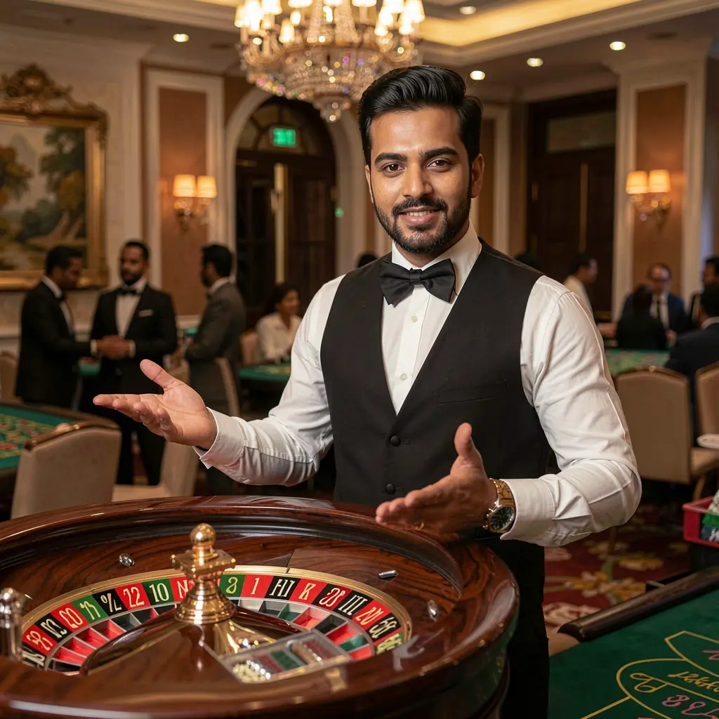 Elegant casino dealer presenting a roulette table in a luxury gaming hall, highlighting the premium live casino experience available at 9Z999 for players in Bangladesh