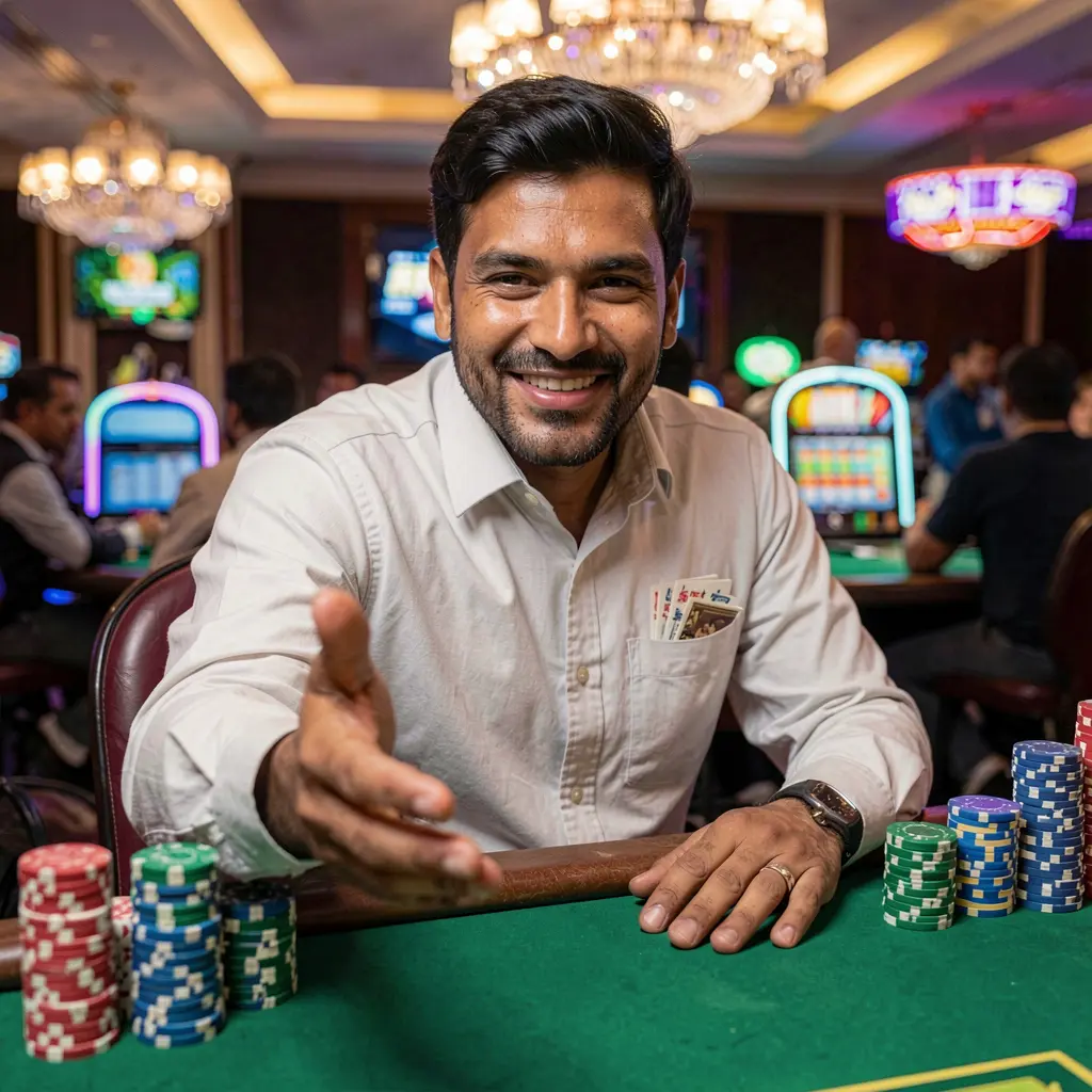 Confident Bangladeshi casino dealer inviting players to join the game with glowing chips and vibrant casino lights on the 9Z999 platform